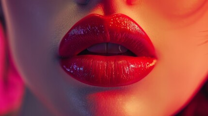 Sensual pink lipstick beauty: close-up of young woman's lips with glossy lipgloss, macro photography, natural sensuality and tenderness