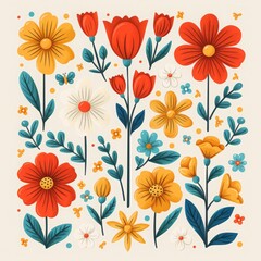 Vibrant vector illustration of assorted flowers, featuring tulips and daisies in red, yellow, and blue tones.