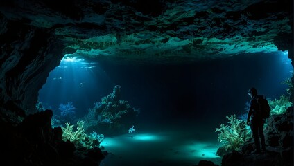 The experience of exploring an underwater cavern illuminated by bioluminescent creatures ai_generated