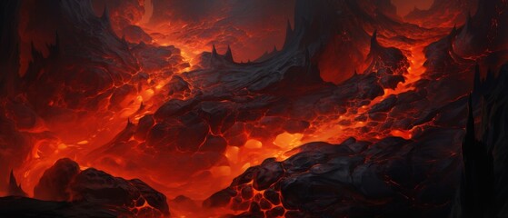 Abstract lava, molten redorange, flowing rock, adventure theme