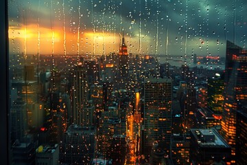 Raindrops on glass, view from an apartment in a skyscraper in the USA. An incredibly atmospheric image. 