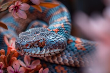 Fototapeta premium An incredible close-up image of the snake, the bright color of the scales. Viper and eel season concept