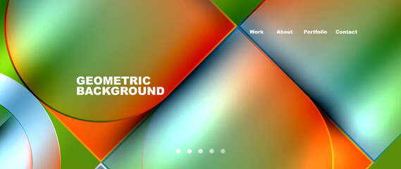 Vibrant geometric shapes like circles and squares in orange and electric blue hues create a colorful pattern on a green background. Closeup view showcases the material property and intricate design