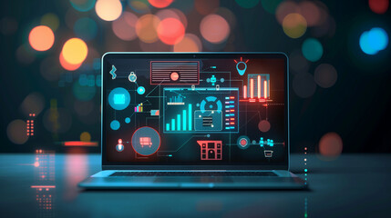 a laptop with information technology icons on it on the table, virtual screen, cyber color