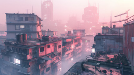 modern buildings,outdoors,scenery,the pink of the settlement,misty, a hazy glow