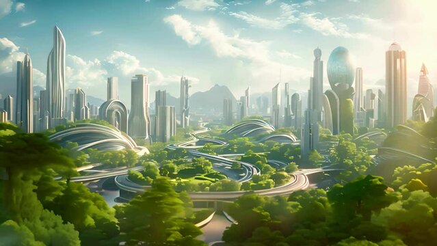 A futuristic cityscape with sleek skyscrapers, interconnected bridges and lush green parks. In the center of the scene is an open park-like area surrounded by high-tech buildings