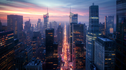 Obraz premium Financial District of Major City at Dawn, Long Exposure, High Dynamic Range, Stunning Cityscape with Skyscrapers and Vibrant Sunrise