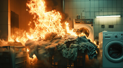Piles of dirty laundry on fire in laundry room