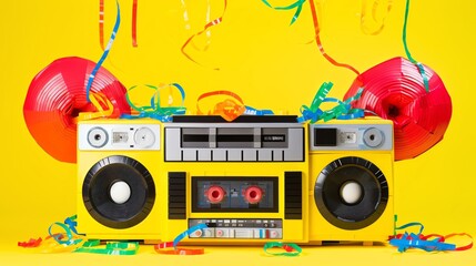 A playful and creative DIY boombox pinata adorned with cassette tape details and bright primary colors presented against a solid yellow background for a lively party decoration