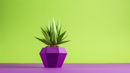 A single delicate origami cactus in lime green paper placed against a solid purple background perfect for modern art galleries or design workshops