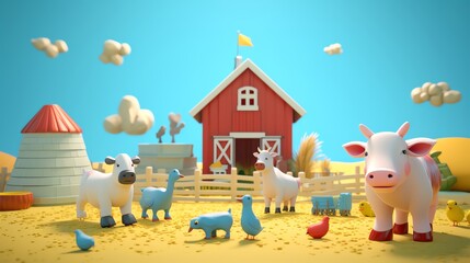Charming 3D farm scene with animated animals like cows and chickens set against a solid light blue background perfect for educational childrens content