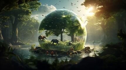 Creative 3D visualization where the surface of the globe transitions into a dense forest canopy with various animals peeking through ideal for environmental awareness campaigns