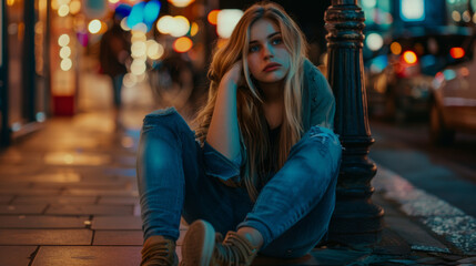 Young woman sitting on sidewalk at night in city - Powered by Adobe