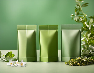 A creative mockup of green packaging for a line of herbal teas