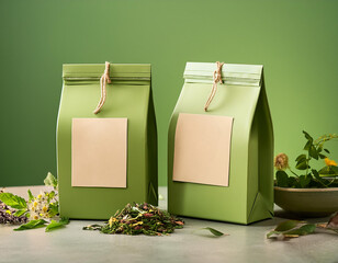 A creative mock up of green packaging for a line of herbal teas