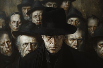 Man in black hat stands in front of group of people