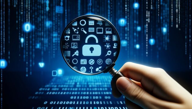 A close-up shot of a magnifying glass scanning over icons that represent coding and programming languages, featuring binary code in the background.