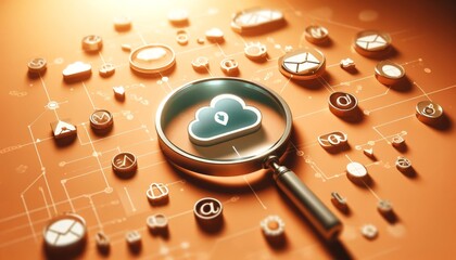 A close-up of a magnifying glass focusing on a cloud symbol surrounded by smaller icons representing data transfer, such as arrows pointing up and down.