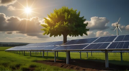 Fototapeta premium A young, vibrant tree sprouting from the center of a field of solar panels.generative.ai