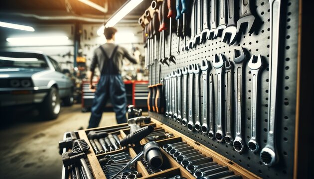 A mechanic’s workspace in a garage, with a close-up of organized tools on a workbench and the mechanic working in the background.
