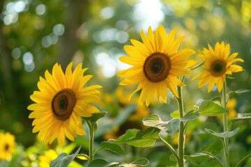 Sunflowers swaying in a gentle breeze