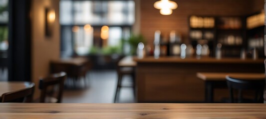 Wooden board empty table in front of blurred background. Perspective brown wood over blur in coffee shop
