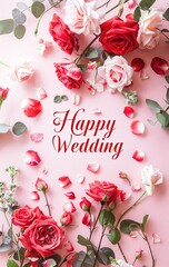 Roses and the words: Happy Wedding, on a pink background, Happy Wedding blessing card, Happy Wedding greeting card, roses and wedding invitation card