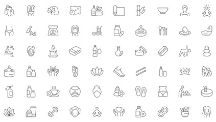 wellness, wellbeing, mental health, healthcare, cosmetics, spa, medical. Outline icon collection. Editable stroke. Vector illustration