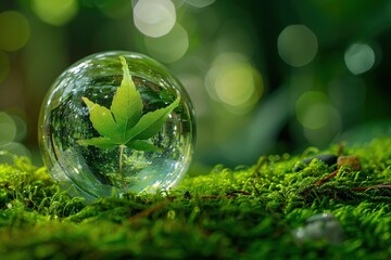 Glass globe with green leaf on moss background. Save the world concept