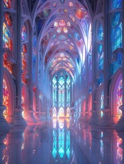 The AI-generated photo shows a stunning cathedral with stained glass windows and a marble floor. The light shining through the windows creates a beautiful and awe-inspiring scene.