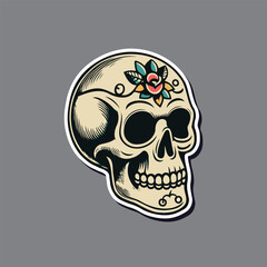 Vector skull old school style with black outline Halloween, tattoo and sticker