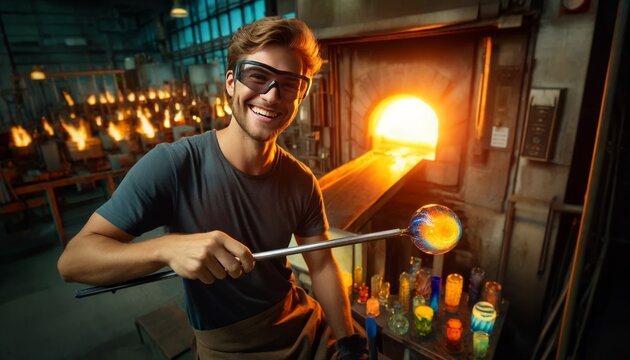 A glassblower with protective goggles, smiling in front of a glowing furnace, with colorful glass pieces around.
