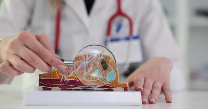 Doctor with breast anatomy model and magnifying glass in clinic