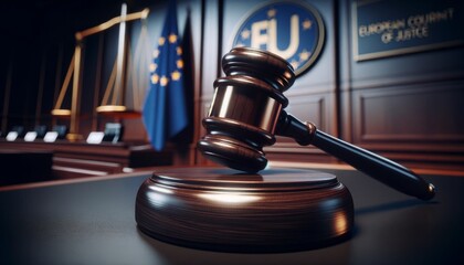 A close shot of a gavel about to strike on a block in the European Court of Justice.