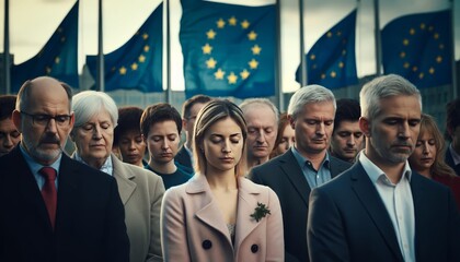 A solemn moment of silence observed by people of different nationalities, with the EU flag at half-mast in the background for a commemorative event.