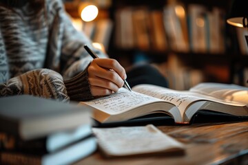 Close up of a woman's hand writing on a book while sitting at a table in a library