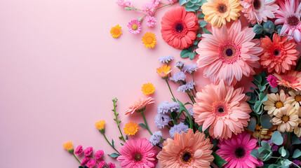 Flowers composition on isolated background, perfect for valentines day, mothers day, women's day, or as a celebration background. Colorful and pastel flowers add a touch of beauty and love.