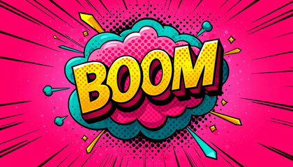 A vibrant bubble gum pink pop art comic book background with the word 'BOOM'