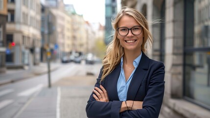 Fototapeta premium Happy businesswoman in glasses on the city sidewalk