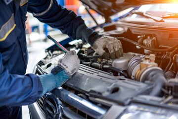 Fototapeta premium Technician is inspecting engine system, car radiator and engine cooling system.