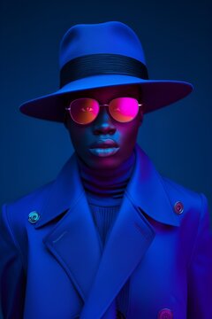 African-american male - blue outfit - hat - blue background - stylish composition - fashion shoot - style maker - trend setter 
