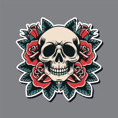 Old school tattoo skull and flowers design vector