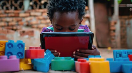 A young African child is focused on a digital tablet amidst colorful building blocks