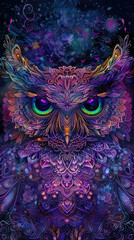 Psychedelic owl poster with intricate patterns, moody hues, and mystical aura