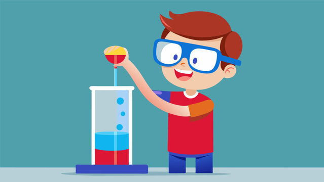 A child wearing safety goggles carefully pours layers of colored liquid into a tall glass creating a vibrant red white and blue density tower.. Vector illustration