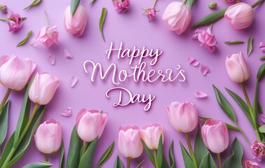 Tulips and the words: Happy Mother's Day on a pink background. Mother's Day greeting card, tulips and mother's day