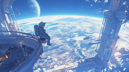 Solitary Astronaut on Futuristic Space Construction