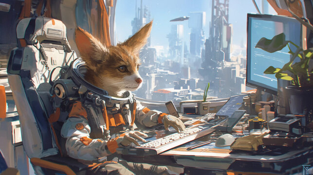 Futuristic Fox Pilot at Cityscape Control Station
