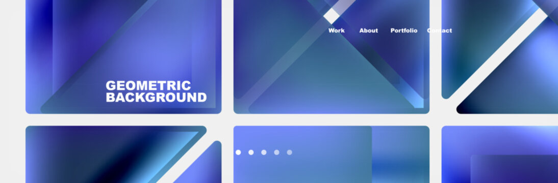 A collection of azure geometric backgrounds with white parallel lines, displaying triangles and rectangles in electric blue. Symmetrical patterns resembling the sky on a display device