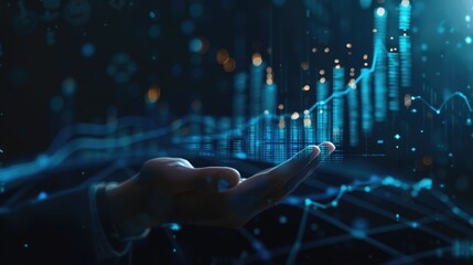 A businessman's hand presents a holographic financial graph in a dark blue environment, symbolizing economic forecasting and market trends